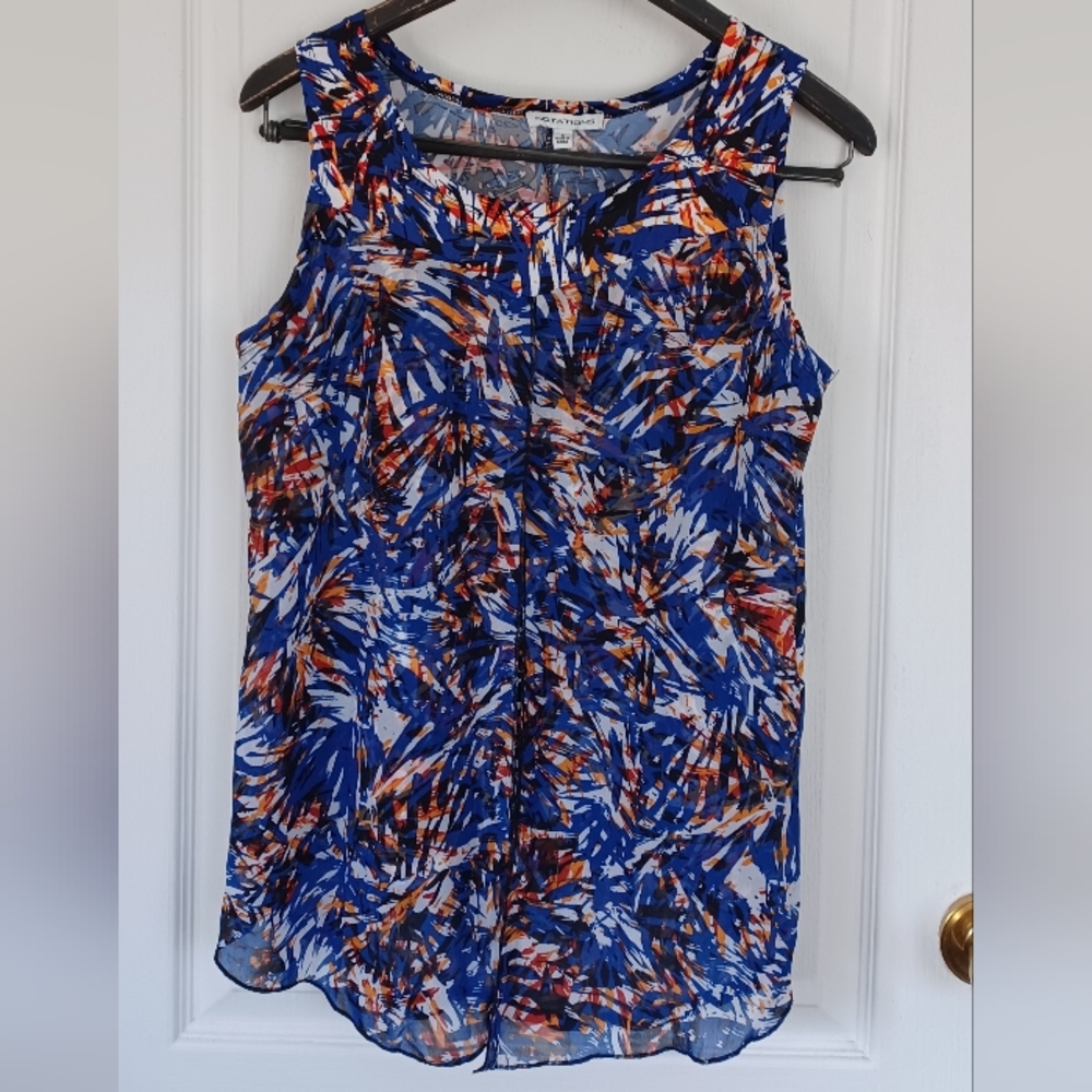 NOTATIONS SLEEVELESS TOP MATCHING PATTERN SPLIT FRONT SHEER OVERLAY SIZE SMALL